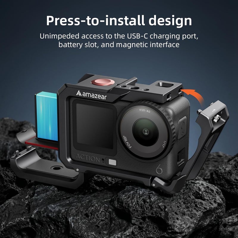 AMAZEAR Metal Protective Case for DJI Osmo Action 6 Accessories, Action6 Pro Multifunction Utility Frame Cage, Stronger Aluminum Housing Hard Cover with Soft Silicone Lens Caps, Black - Image 4